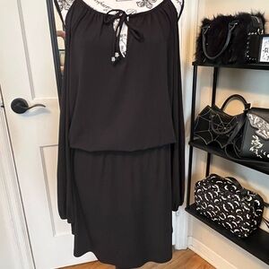 Michael Kors Black Midi Skirt Dress with Tie Neck